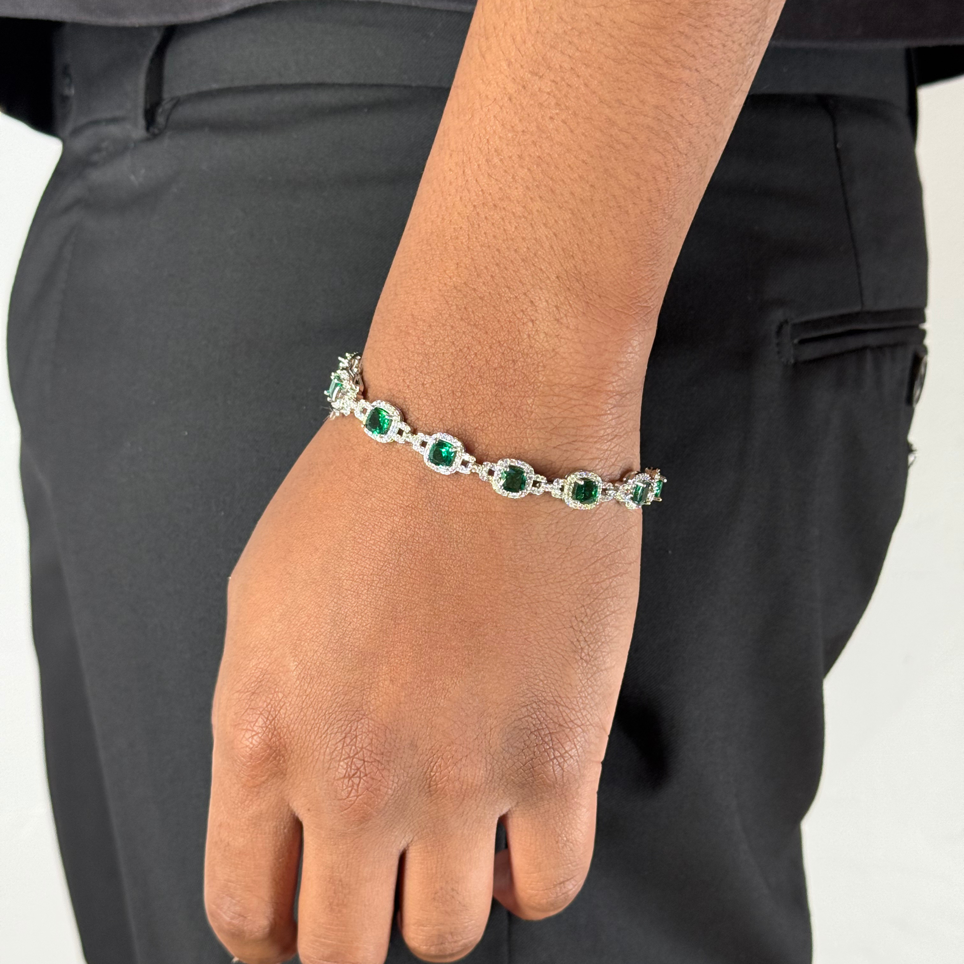 7mm Green Emerald & Zircon Silver Bracelet