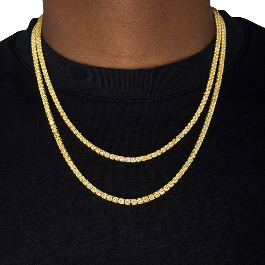 3mm Silver Moissanite Tennis Chain 18K Yellow Gold Vermeil + 3mm Silver Moissanite Tennis Bracelet 18K Yellow Gold Vermeil