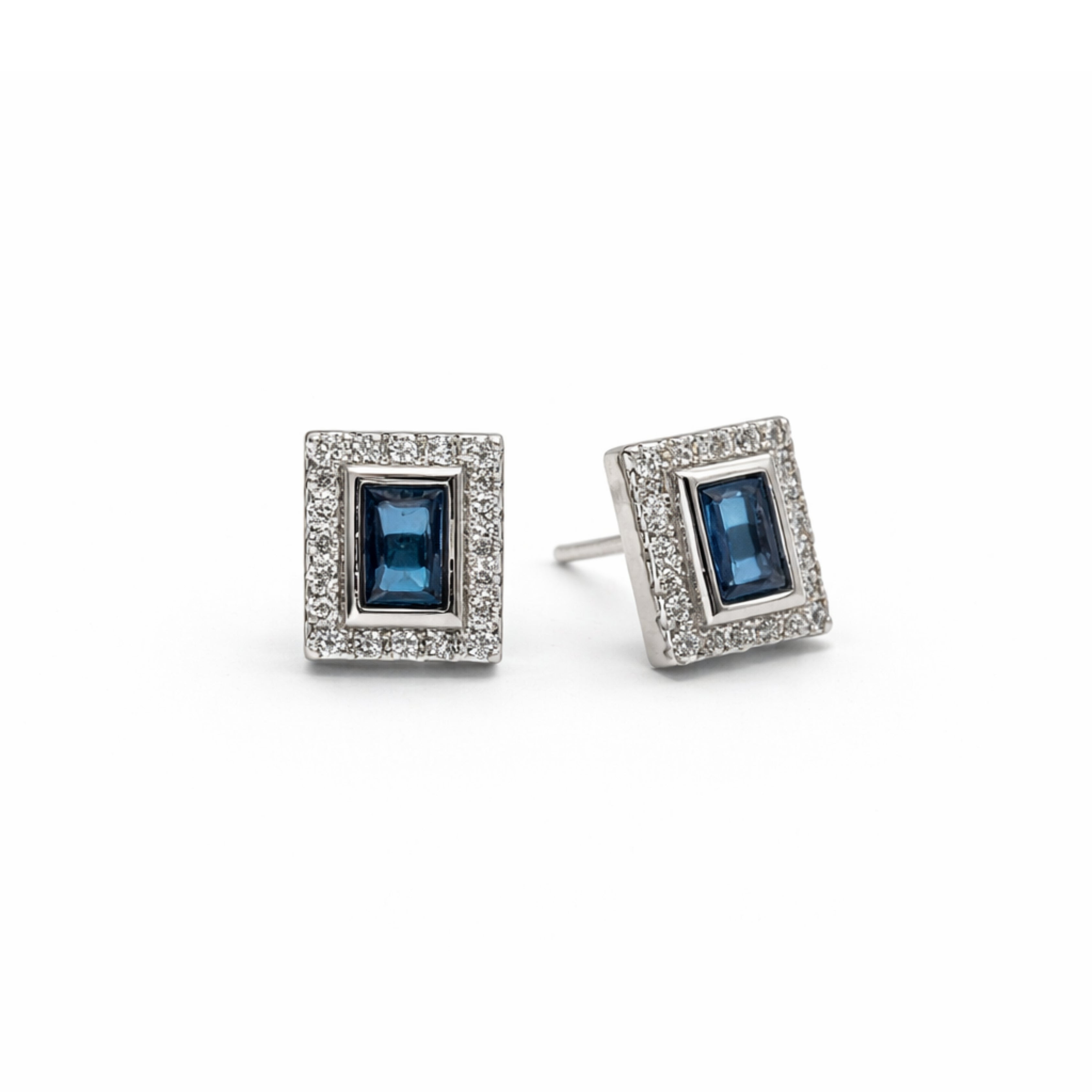 Silver Sapphire & Zircon Rectangle Earrings