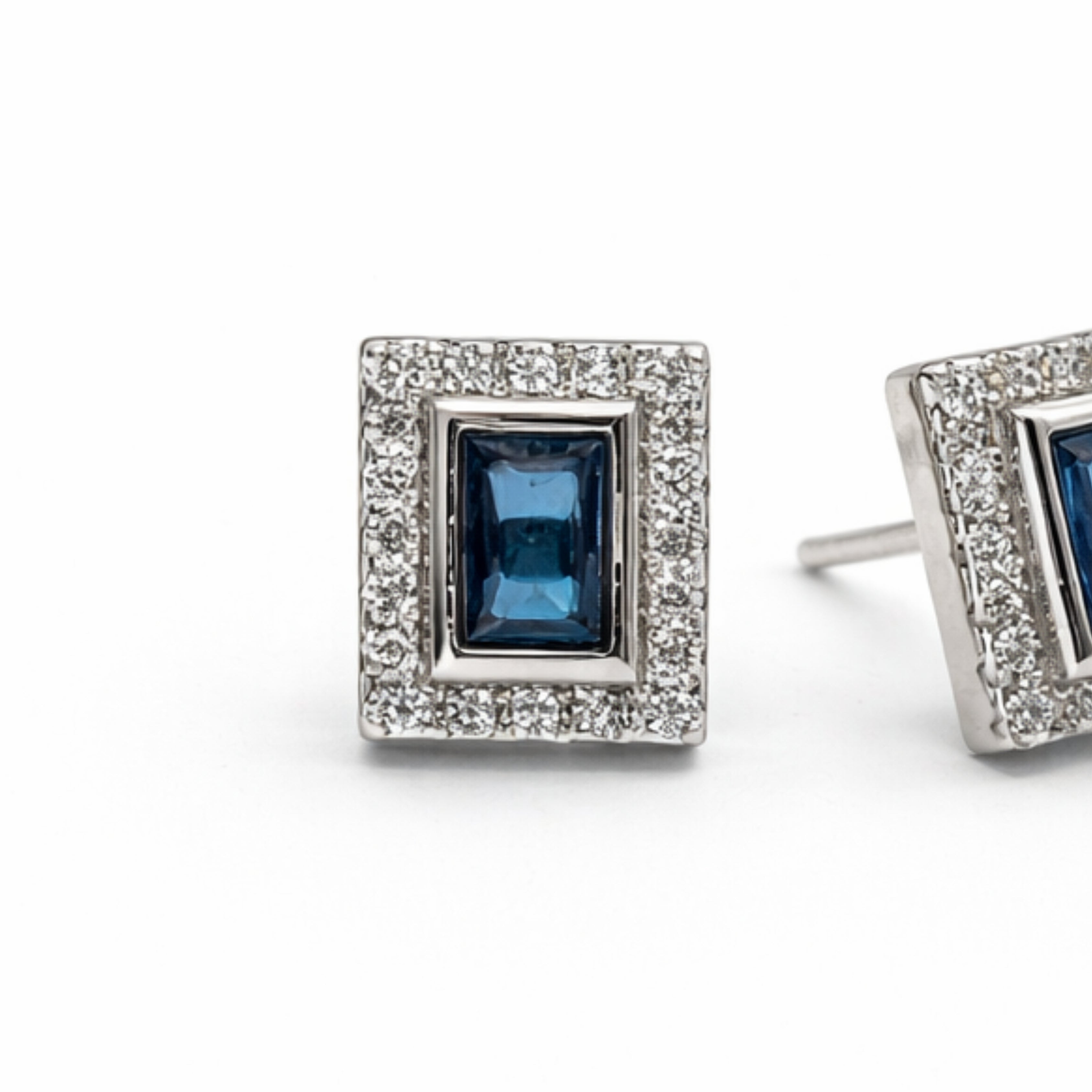 Silver Sapphire & Zircon Rectangle Earrings