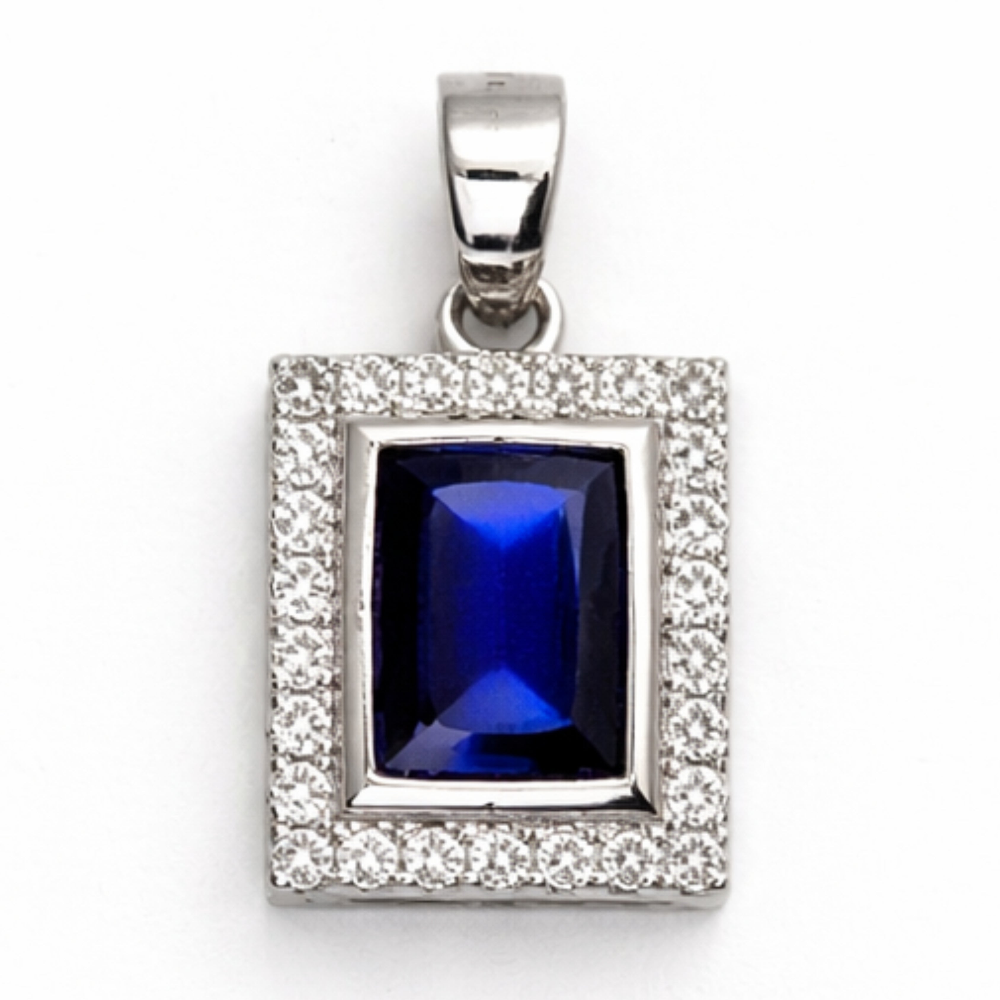Silver Sapphire & Zircon Rectangle Pendant