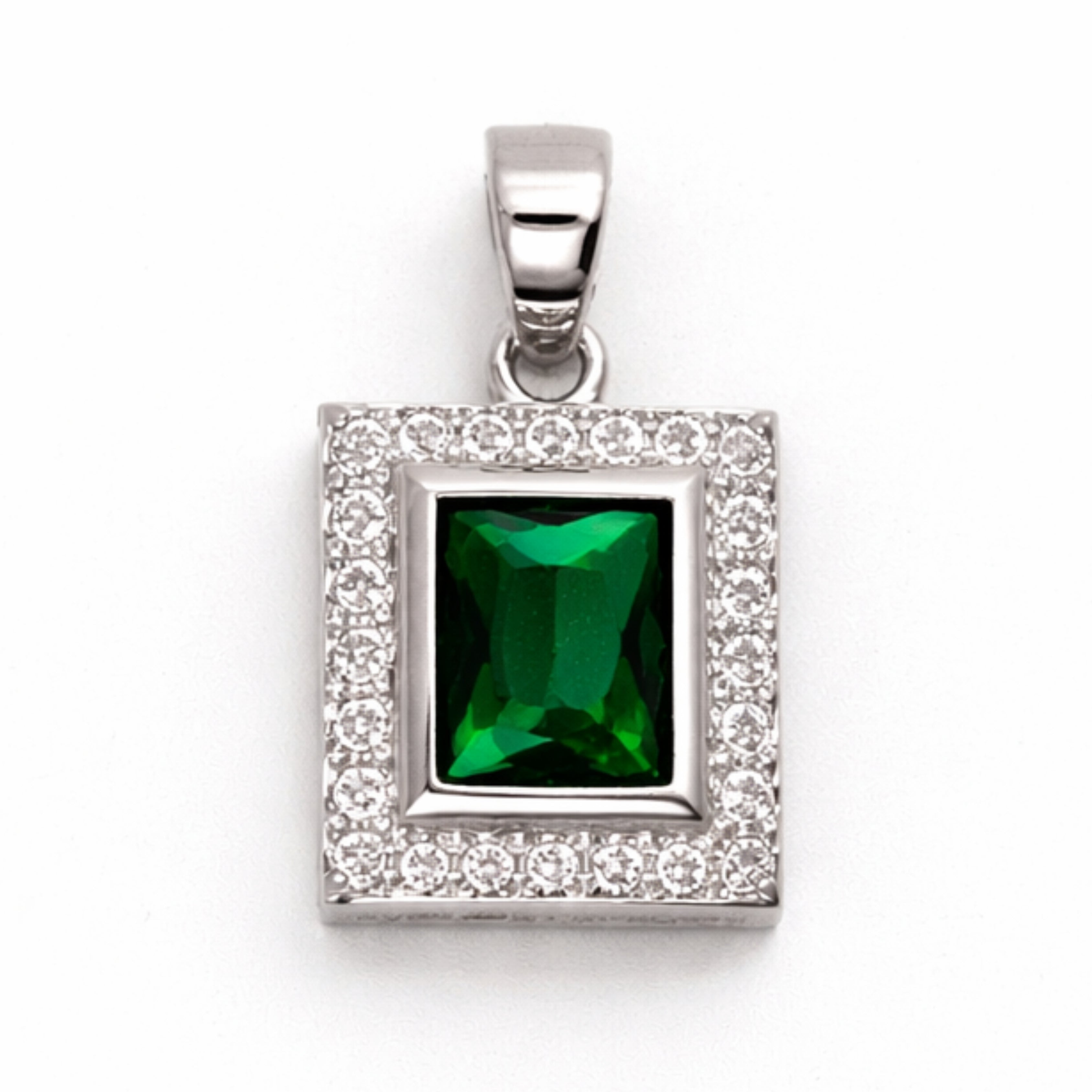 Silver Emerald & Zircon Rectangle Pendant