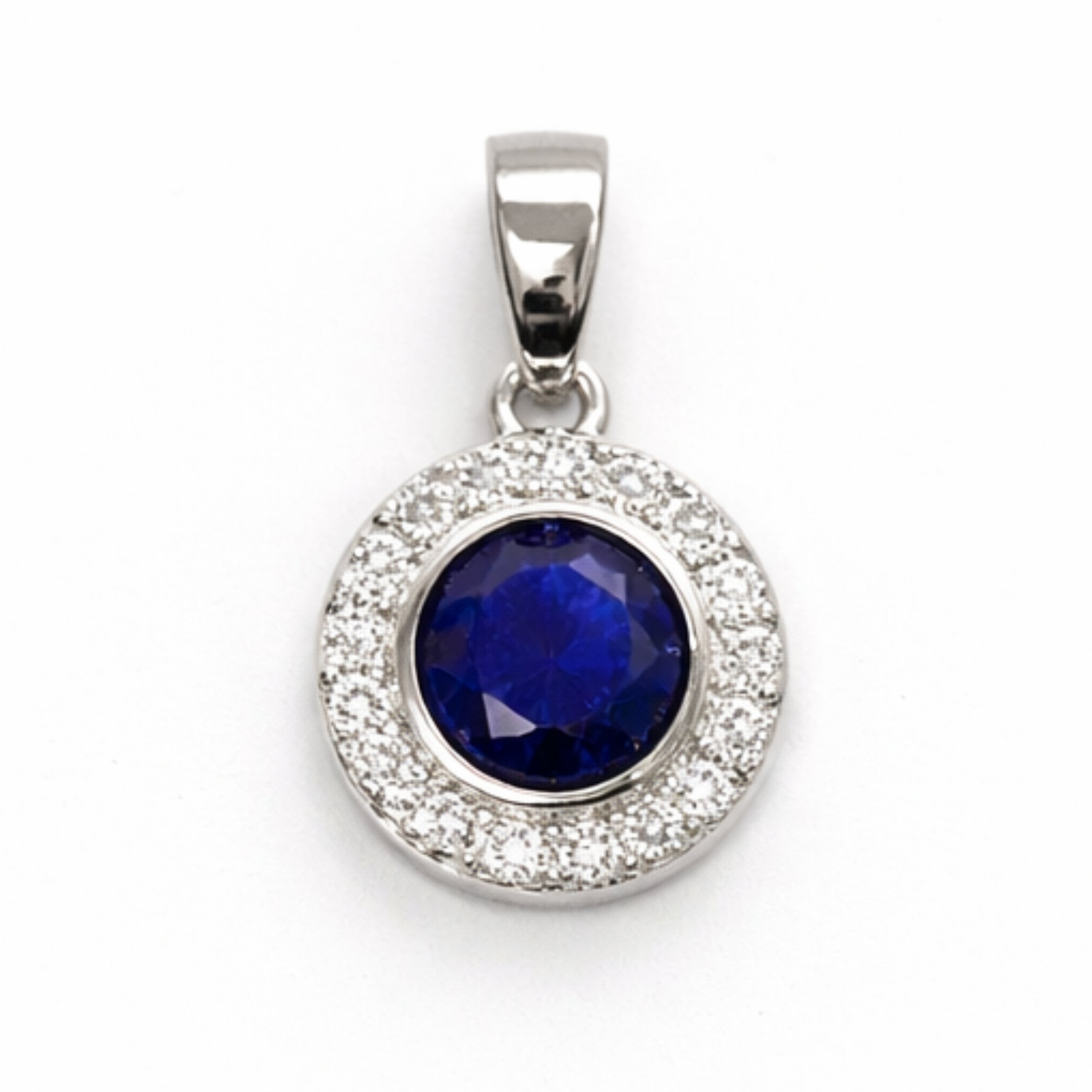 Silver Sapphire & Zircon Round Pendant