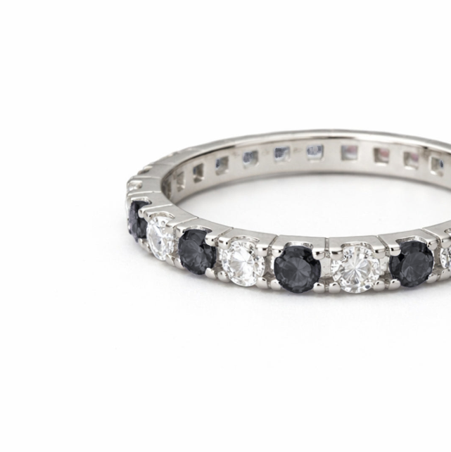 3mm Silver Zircon Black & White Tennis Bracelet + Silver Eternity Black & White Zircon Ring