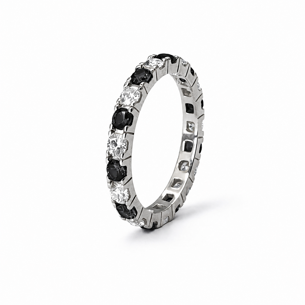3mm Silver Zircon Black & White Tennis Bracelet + Silver Eternity Black & White Zircon Ring