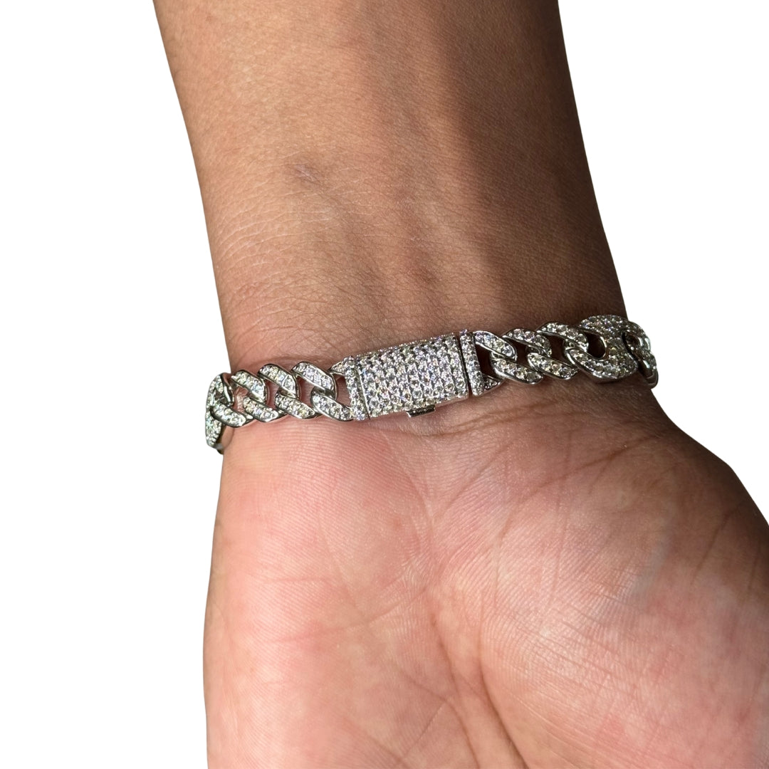 10mm Silver Moissanite Cuban Grain Link Bracelet