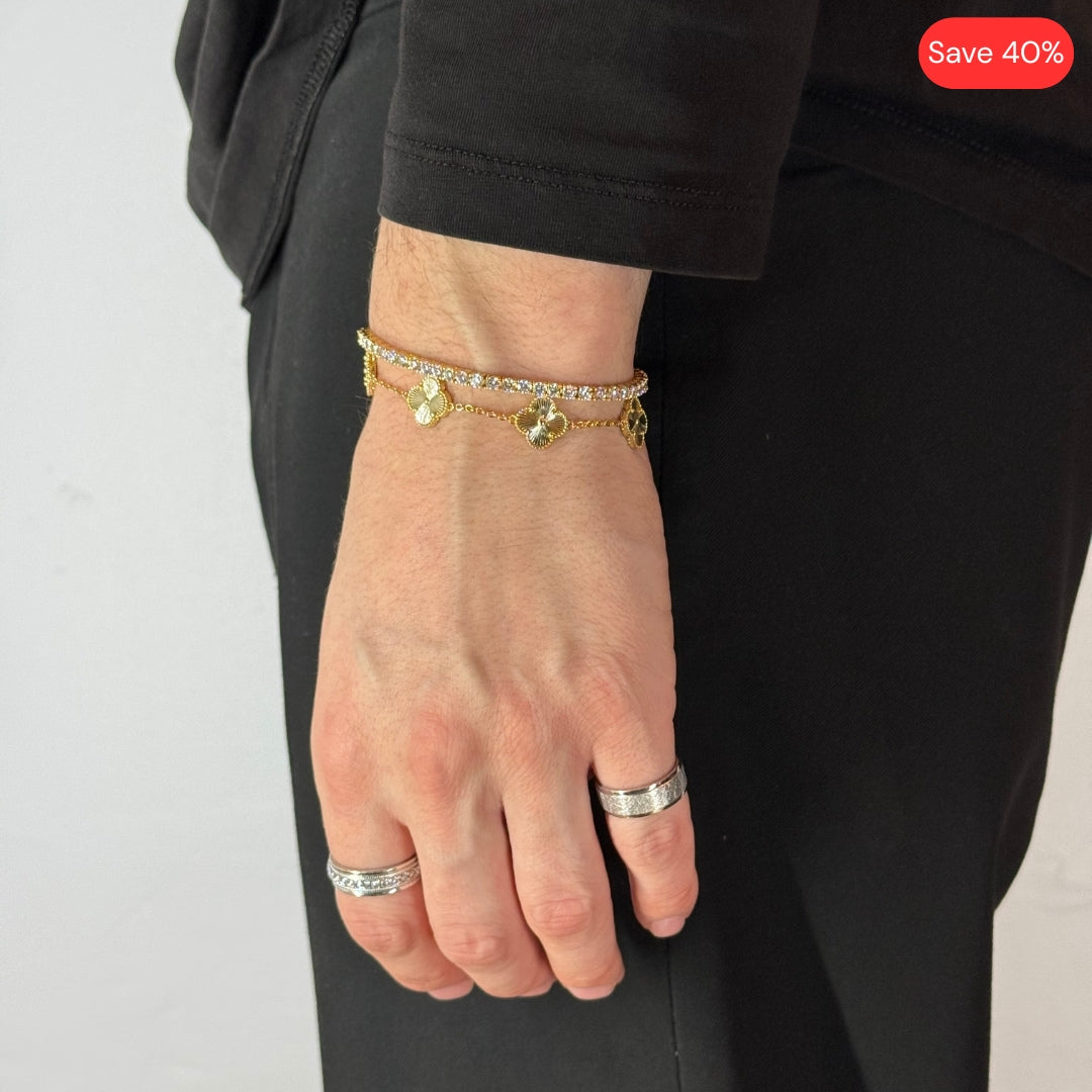 3mm Moissanite Tennis Bracelet + Clover Bracelet Yellow Gold Plated