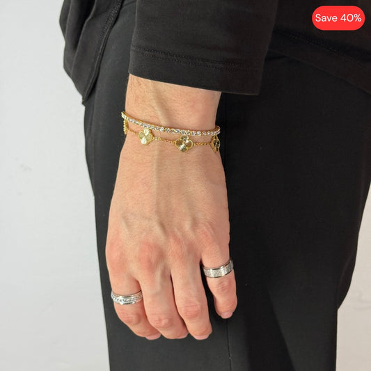 Bracelet tennis en moissanite 3 mm + bracelet trèfle plaqué or jaune 