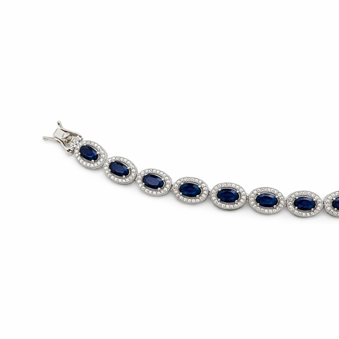 8mm Blue Sapphire & Zircon Oval Silver Bracelet