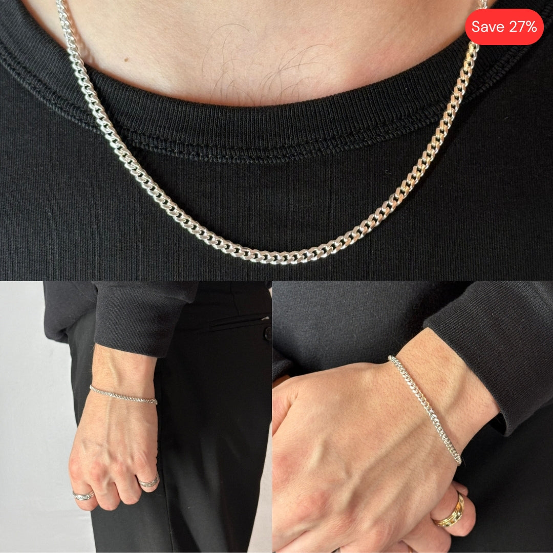 3mm Silver Cuban Link Chain & Bracelet Rhodium Plated