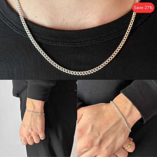 3mm Silver Cuban Link Chain & Bracelet Rhodium Plated
