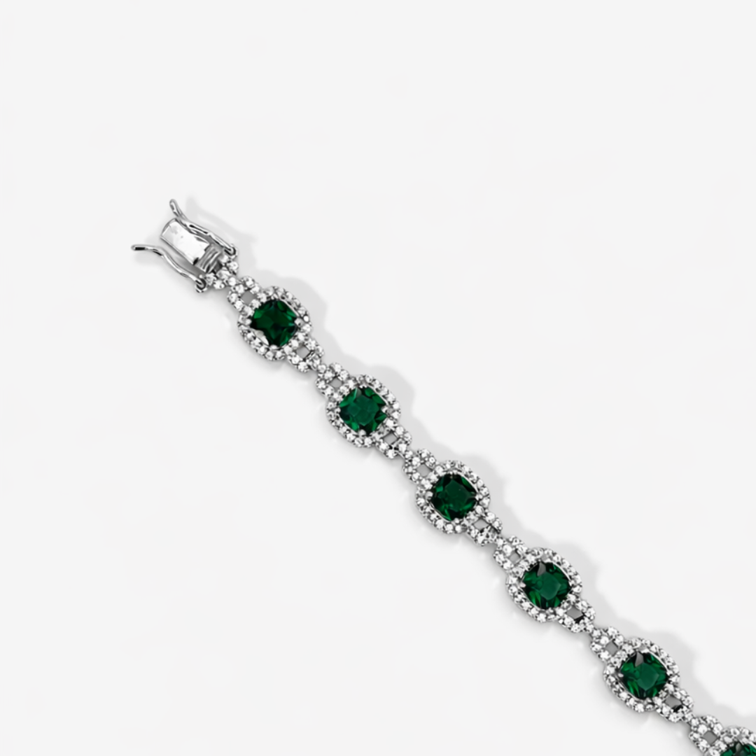 7mm Green Emerald & Zircon Silver Bracelet