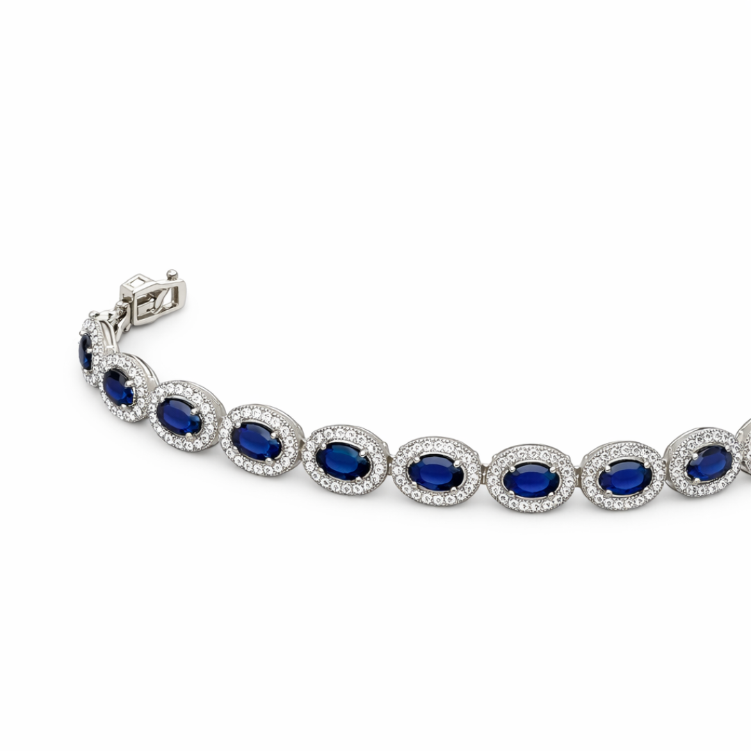 8mm Blue Sapphire & Zircon Oval Silver Bracelet