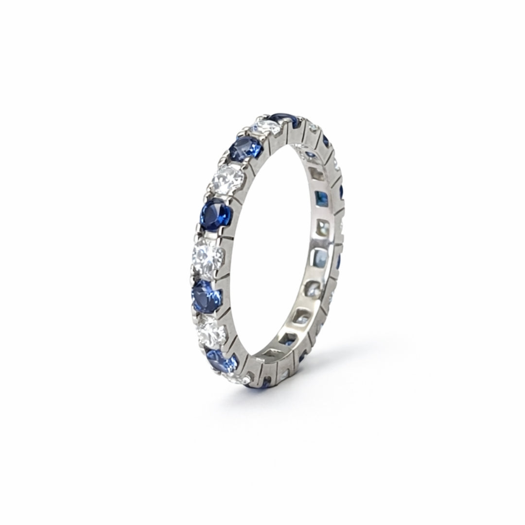 3mm Silver Zircon Blue & White Tennis Bracelet + Silver Eternity Blue & White Zircon Ring