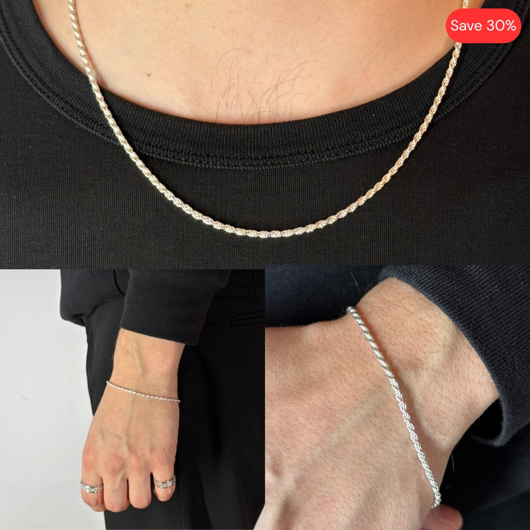 2mm Silver Rope Chain & Bracelet Rhodium Plated