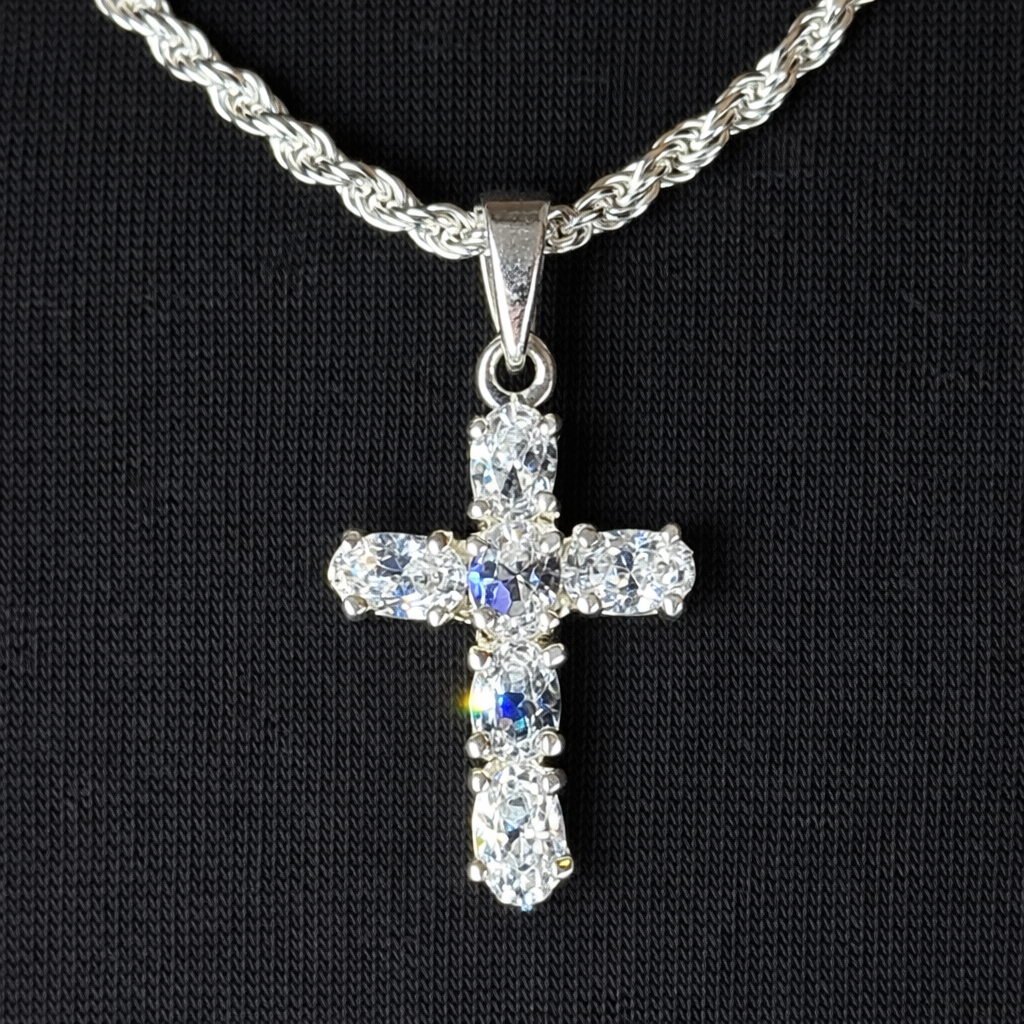 Silver Oval Zircon Cross Pendant