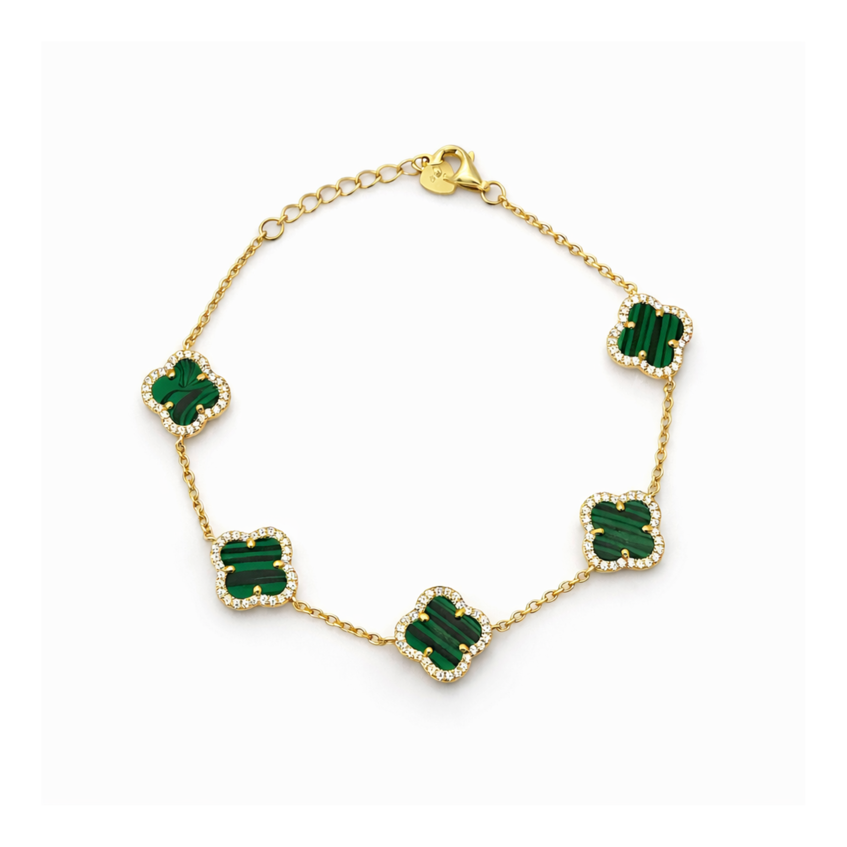 Clover Zircon Malachite Silver Bracelet 18K Yellow Gold Vermeil