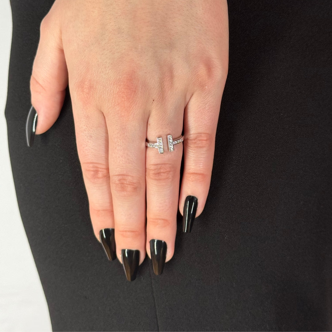 Silver Zircon T Ring Rhodium Plated