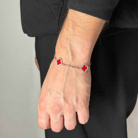 Clover Carnelian Silver Bracelet