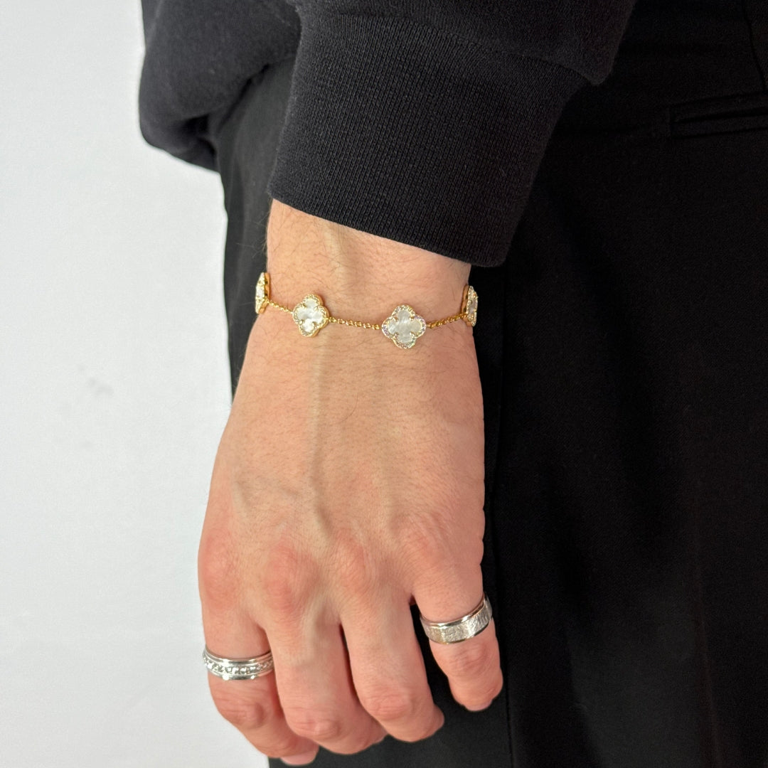 Clover Zircon Mother Of Pearl Silver Bracelet Yellow Gold Plated