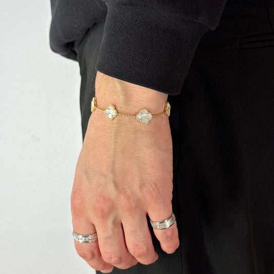 Clover Zircon Mother Of Pearl Silver Bracelet Yellow Gold Plated