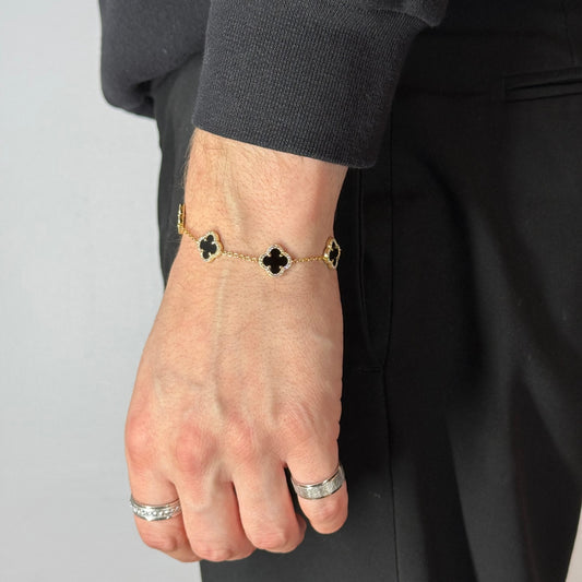 Clover Zircon Onyx Silver Bracelet Yellow Gold Plated