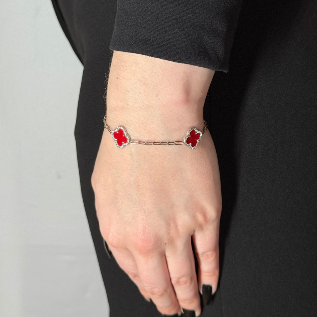 Clover Carnelian Silver Bracelet