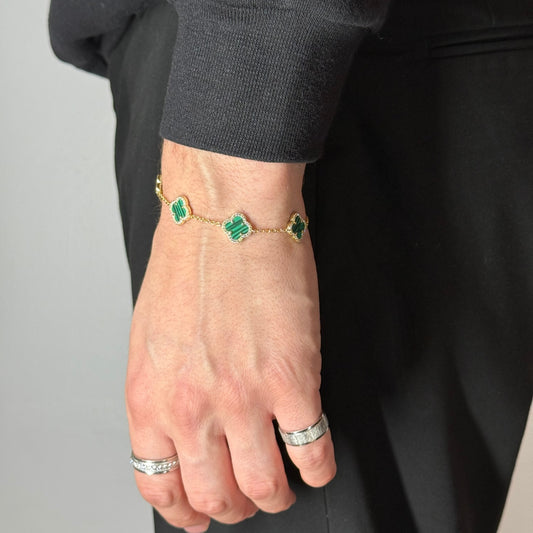 Clover Zircon Malachite Silver Bracelet Yellow Gold Plated