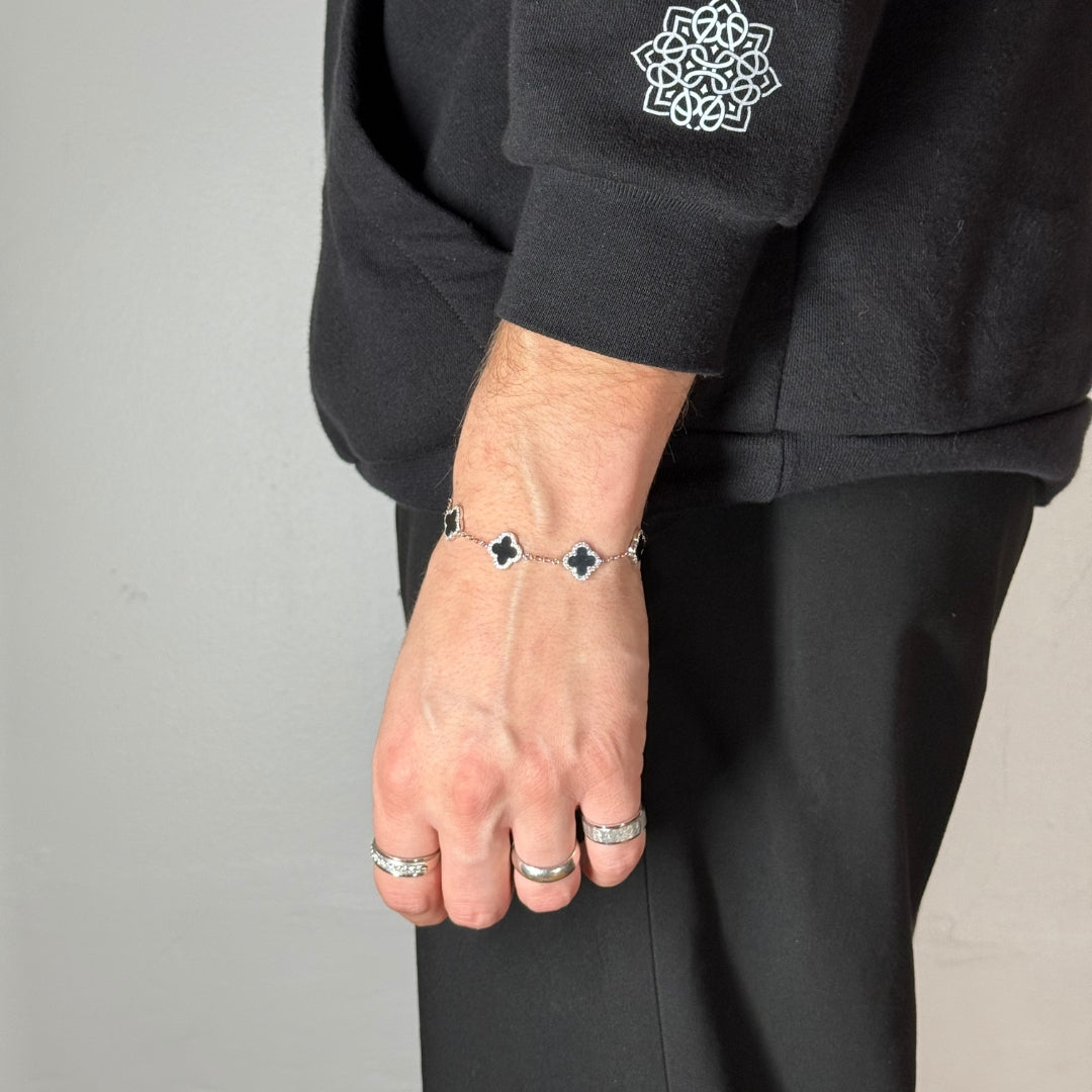 Bracelet en argent, zircon et onyx à motif trèfle 