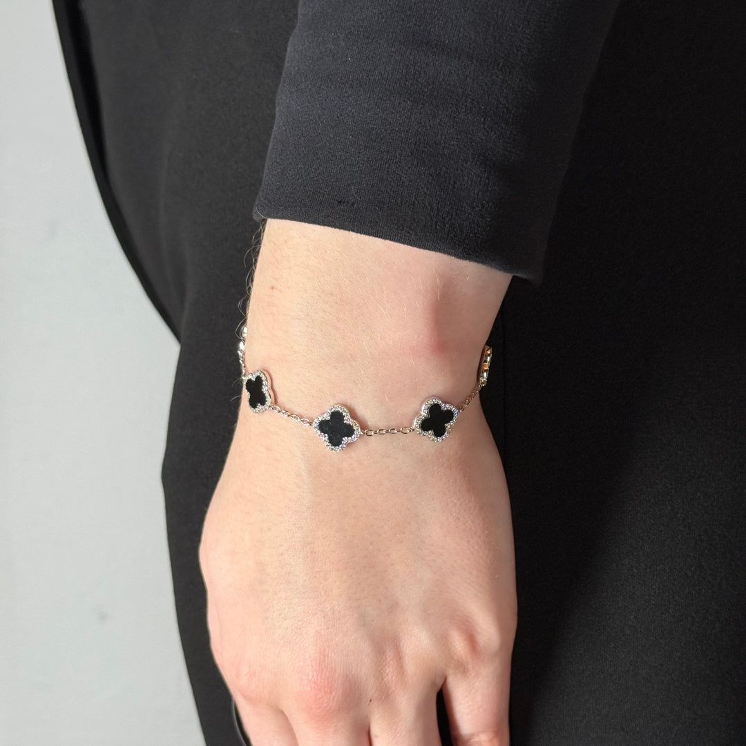 Bracelet en argent, zircon et onyx à motif trèfle 