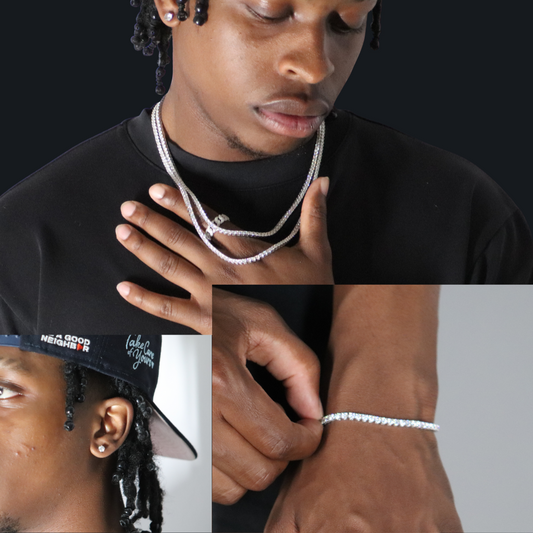3mm Tennis Chain + Tennis Bracelet + Round Cut Earrings Rhodium Plated