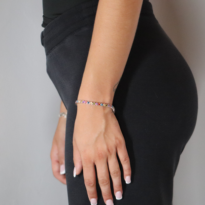 4mm Zircon Tennis Bracelet Multi Colour Rhodium Plated
