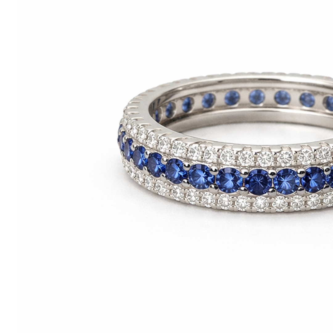 Silver Eternity Moissanite & Lab Sapphire Men's Ring