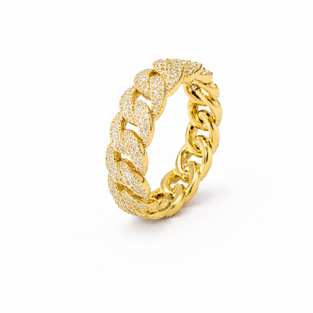 Cuban Link Silver Moissanite Ring 18K Yellow Gold Vermeil