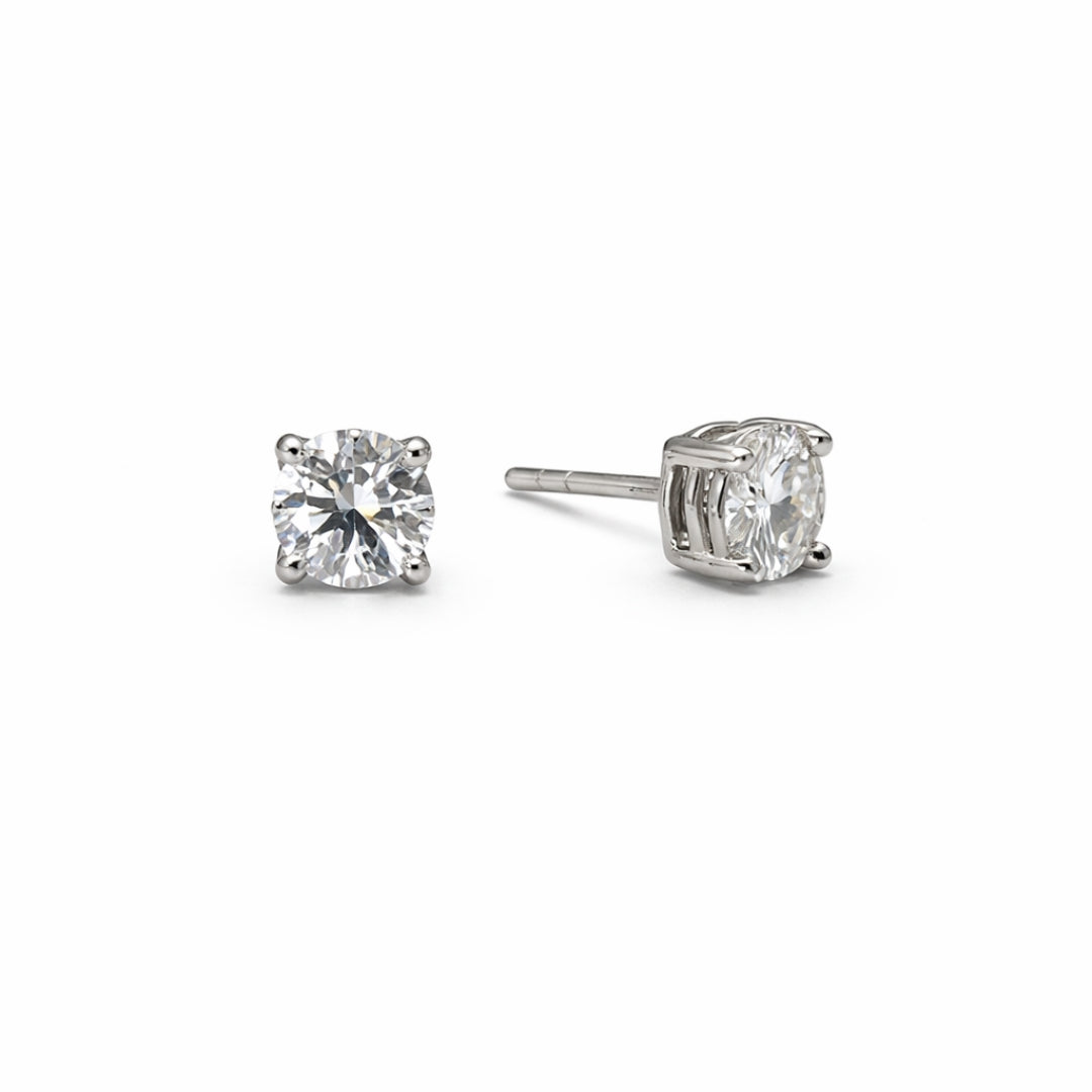 Silver Round Cut Moissanite Earrings Rhodium Plated