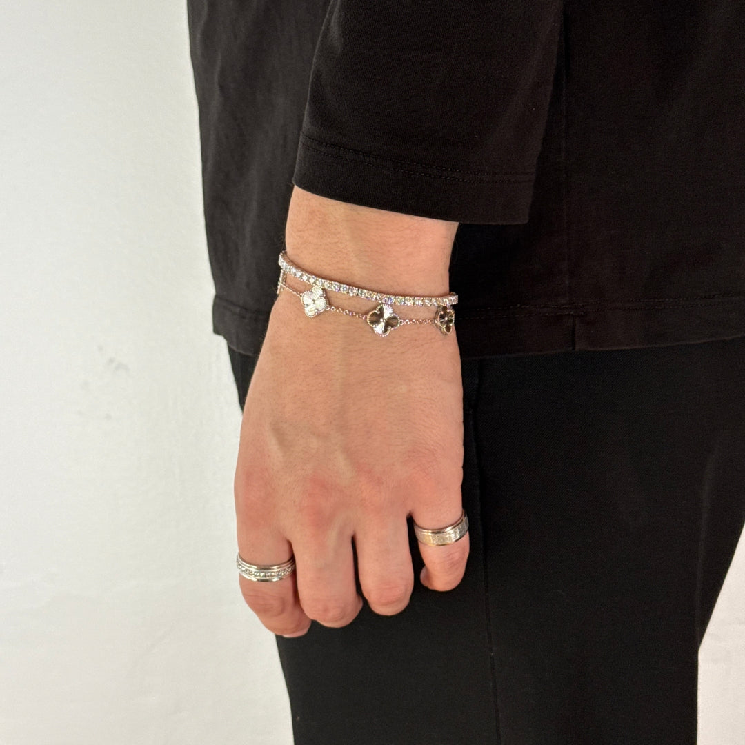 3mm Moissanite Tennis Bracelet + Clover Bracelet Rhodium Plated
