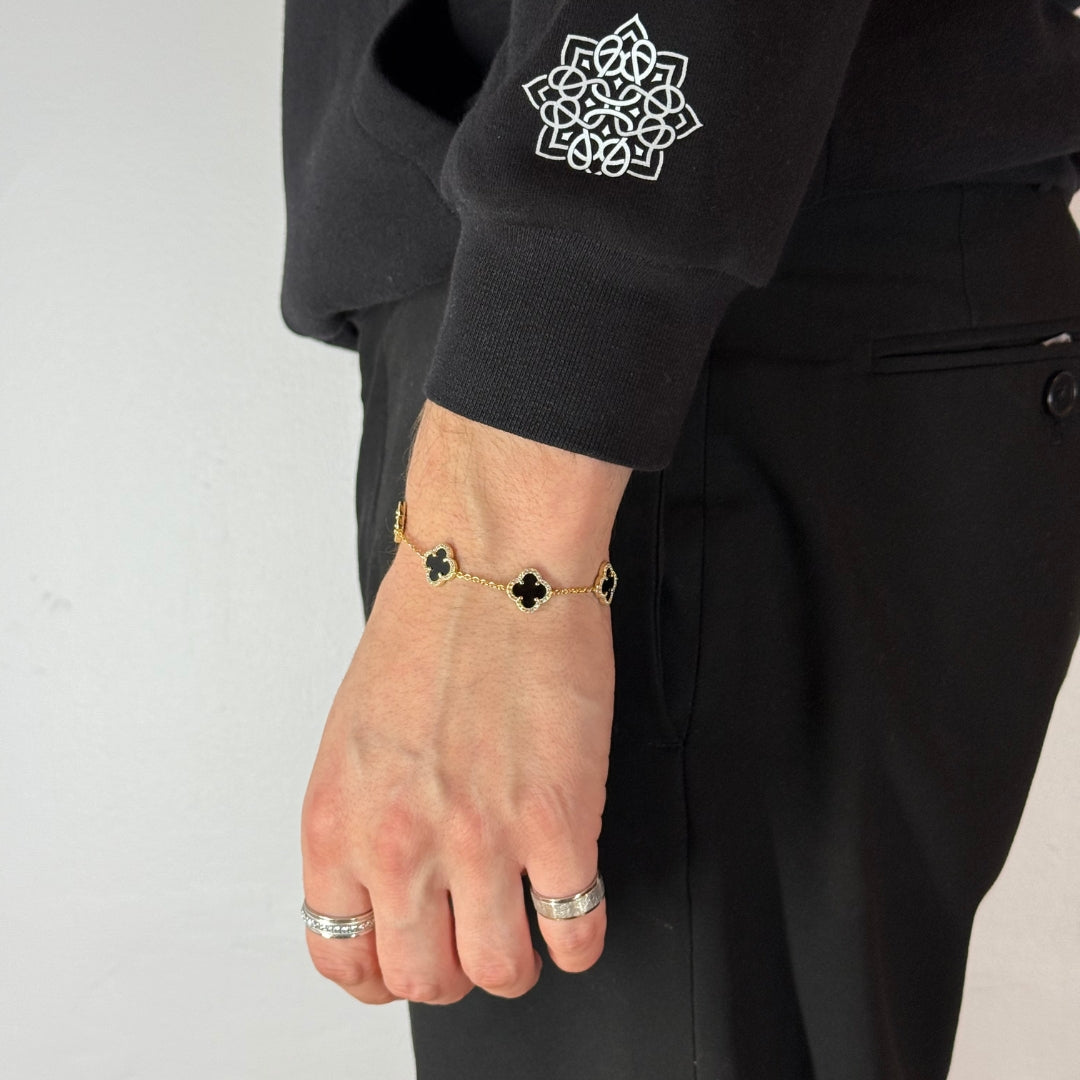 Bracelet en argent plaqué or jaune avec zircon et onyx trèfle