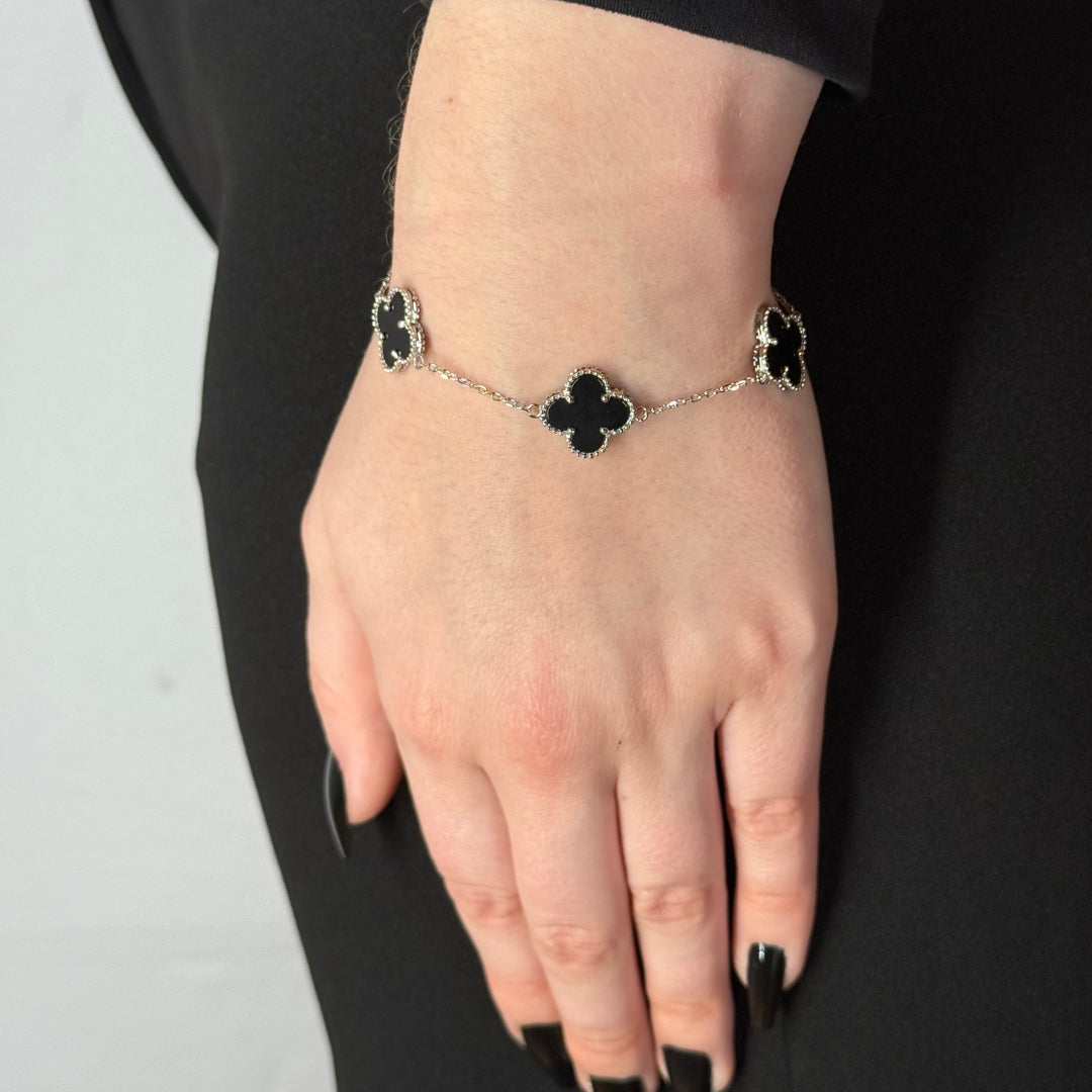 Bracelet en argent et onyx trèfle 