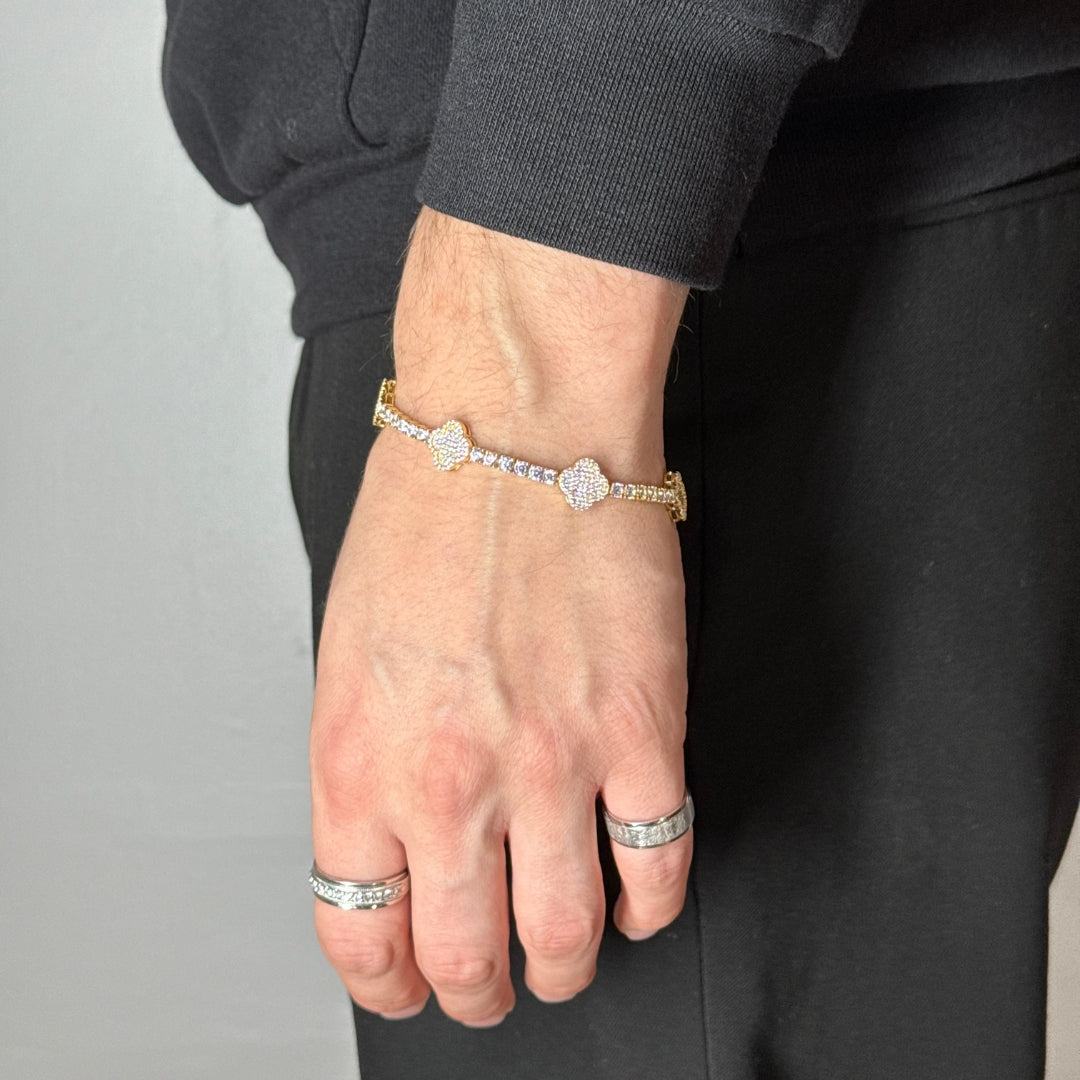 Clover Leaf Zircon Tennis Bracelet Yellow Gold Plated
