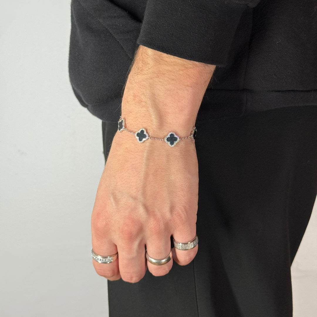 Clover Zircon Onyx Silver Bracelet