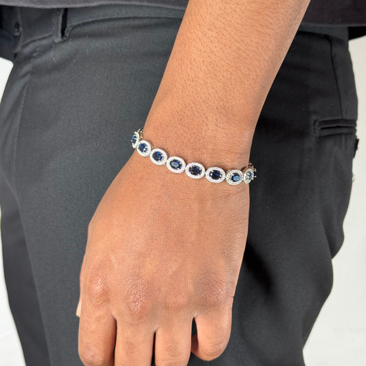 8mm Blue Sapphire & Zircon Oval Silver Bracelet Rhodium Plated