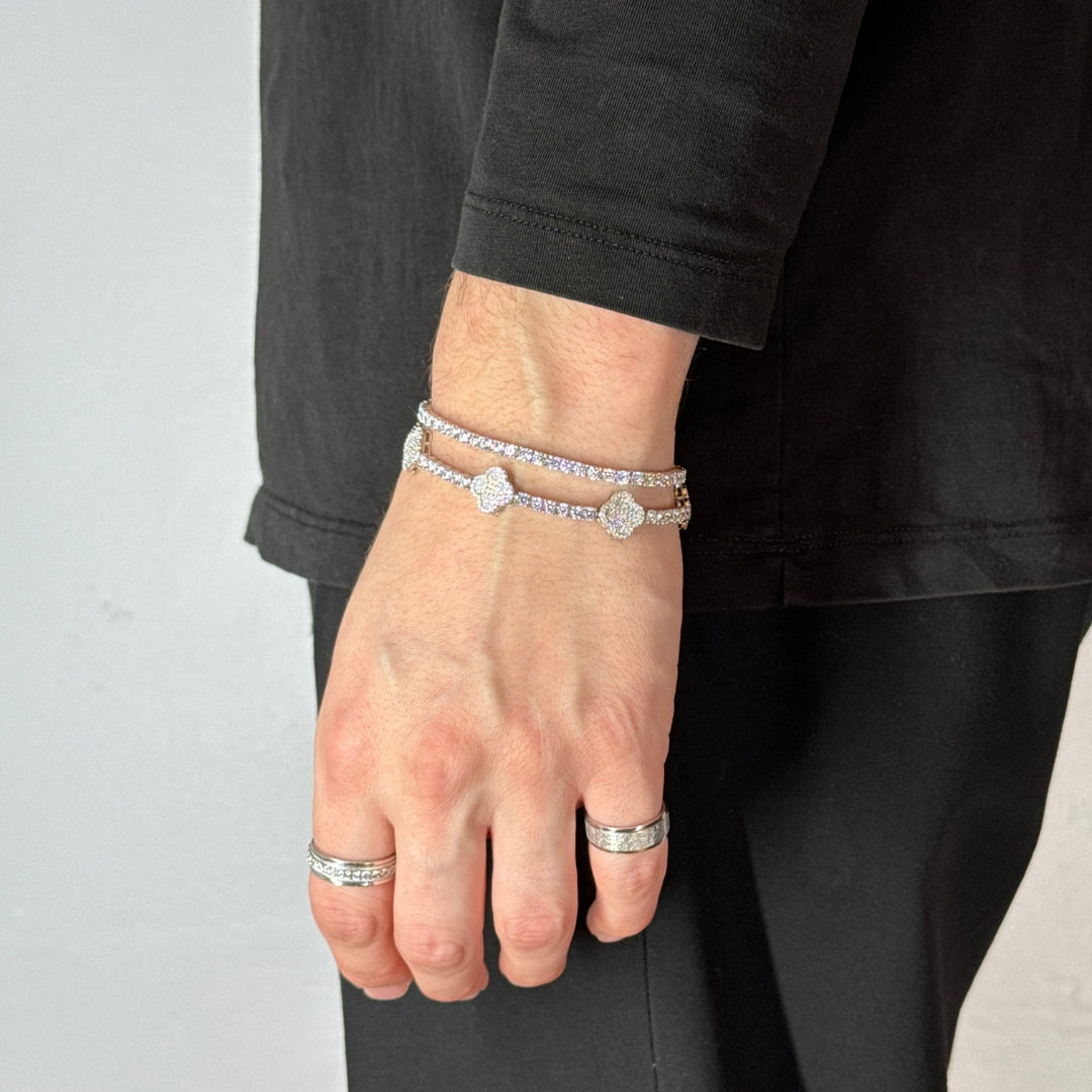 3mm Moissanite Tennis Bracelet + Clover Leaf Zircon Tennis Bracelet Rhodium Plated