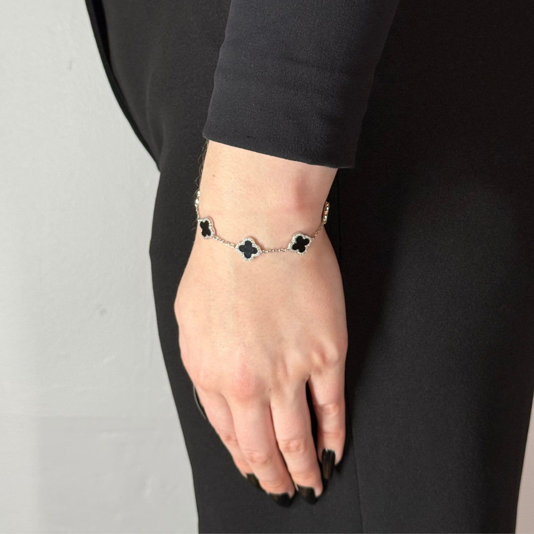Bracelet en argent, zircon et onyx à motif trèfle 