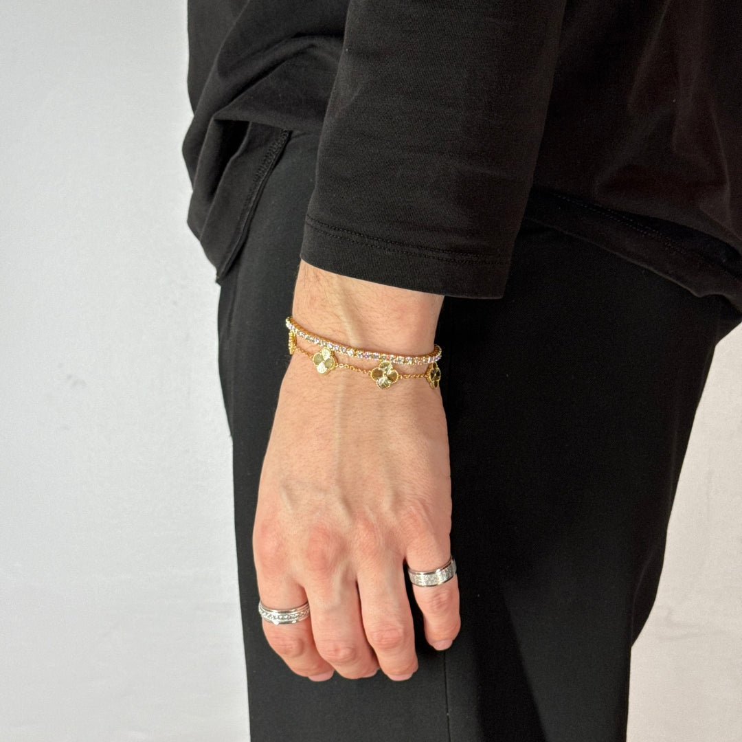 3mm Moissanite Tennis Bracelet + Clover Bracelet Yellow Gold Plated