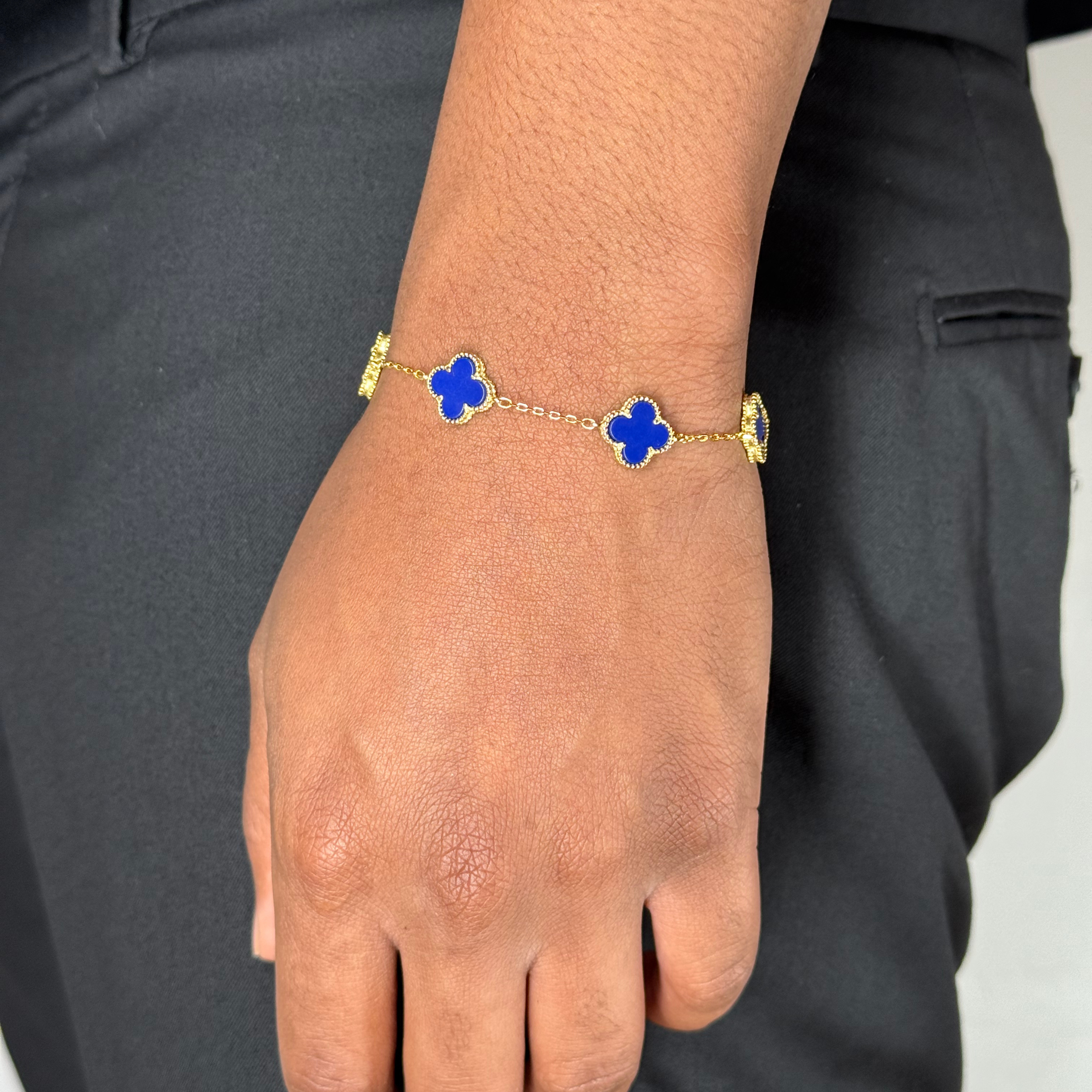 Clover Blue Lapis Silver Bracelet Yellow Gold Plated