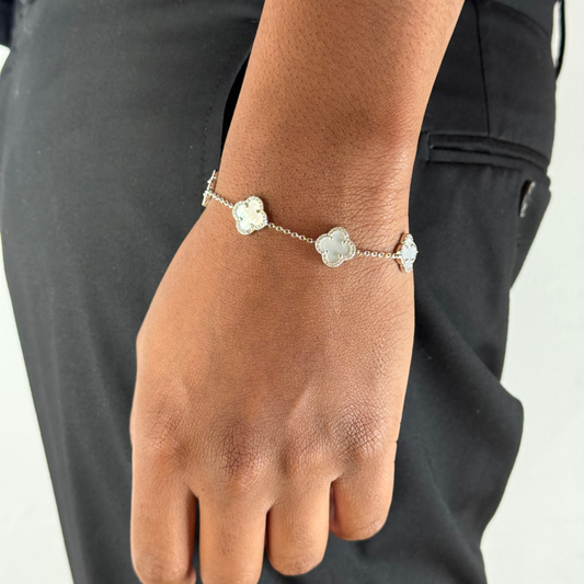 Clover Zircon Mother Of Pearl Mini Bracelet Rhodium Plated
