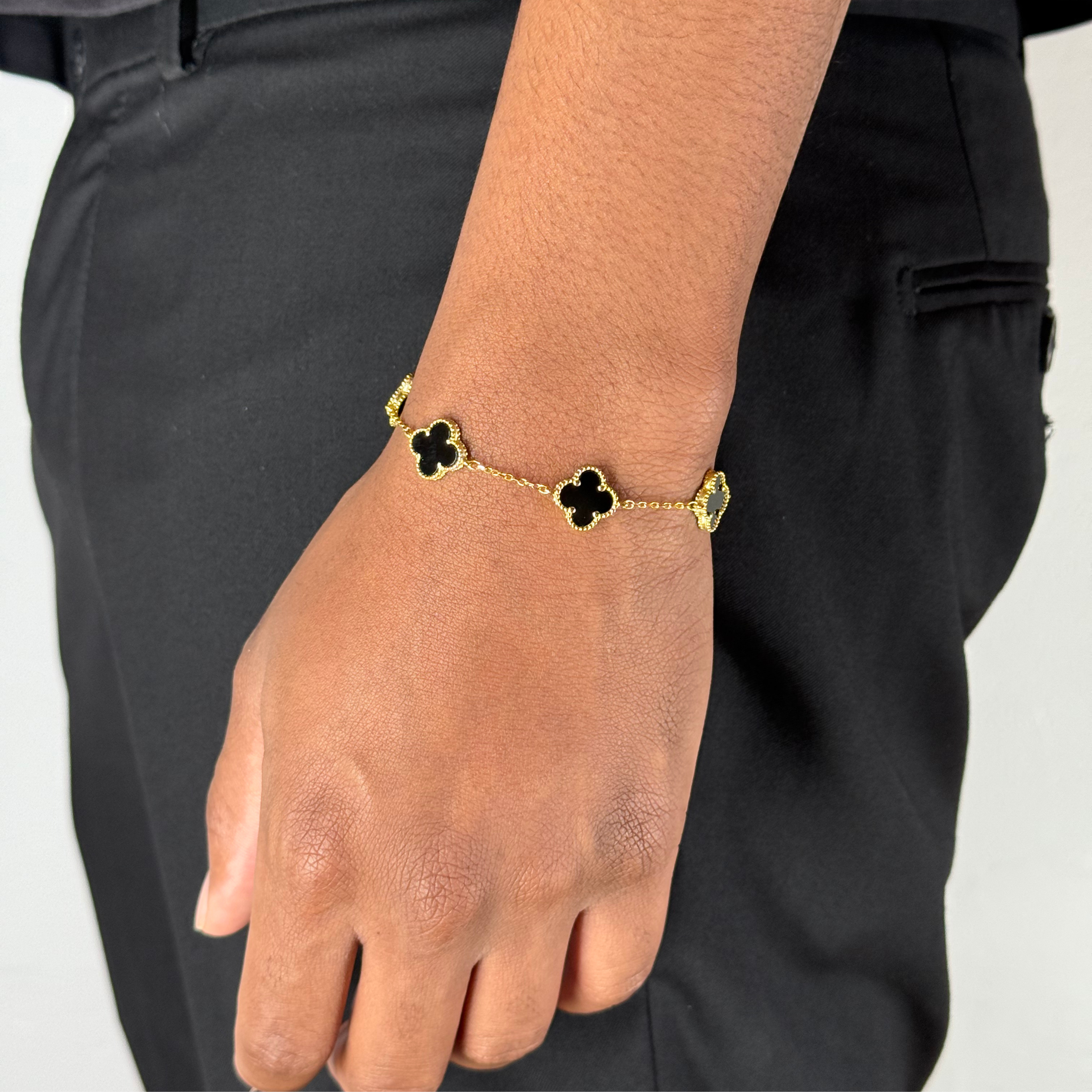 Clover Onyx Silver Bracelet Yellow Gold Plated