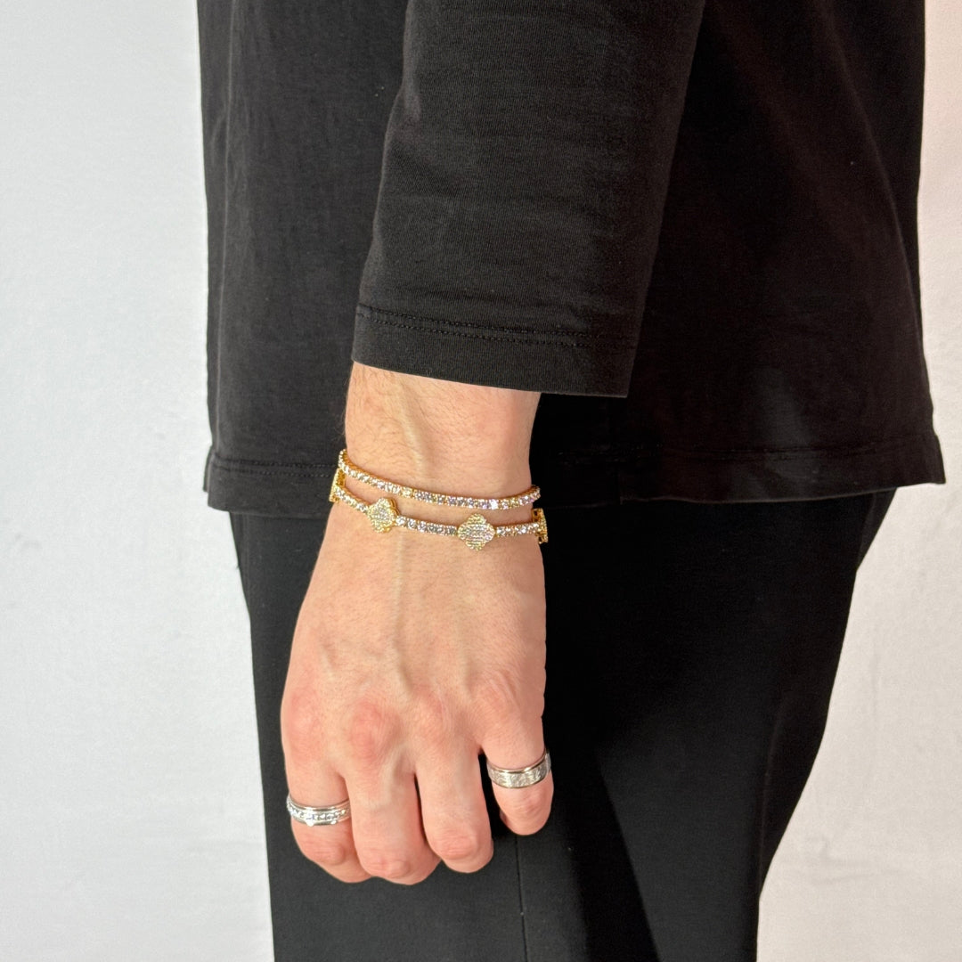 3mm Moissanite Tennis Bracelet + Clover Leaf Zircon Tennis Bracelet Yellow Gold Plated