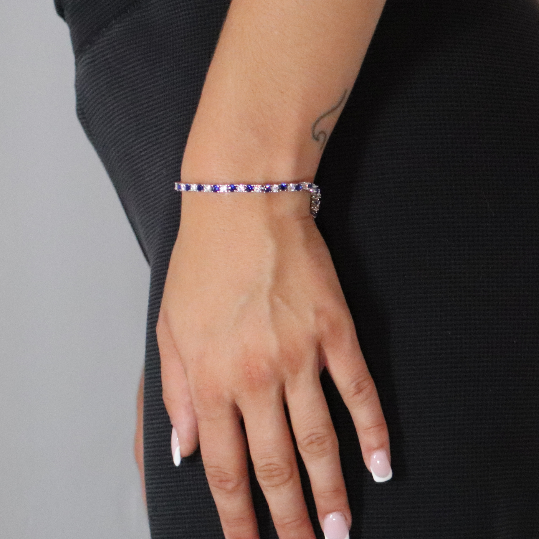 3mm Zircon Tennis Bracelet Blue & White Rhodium Plated