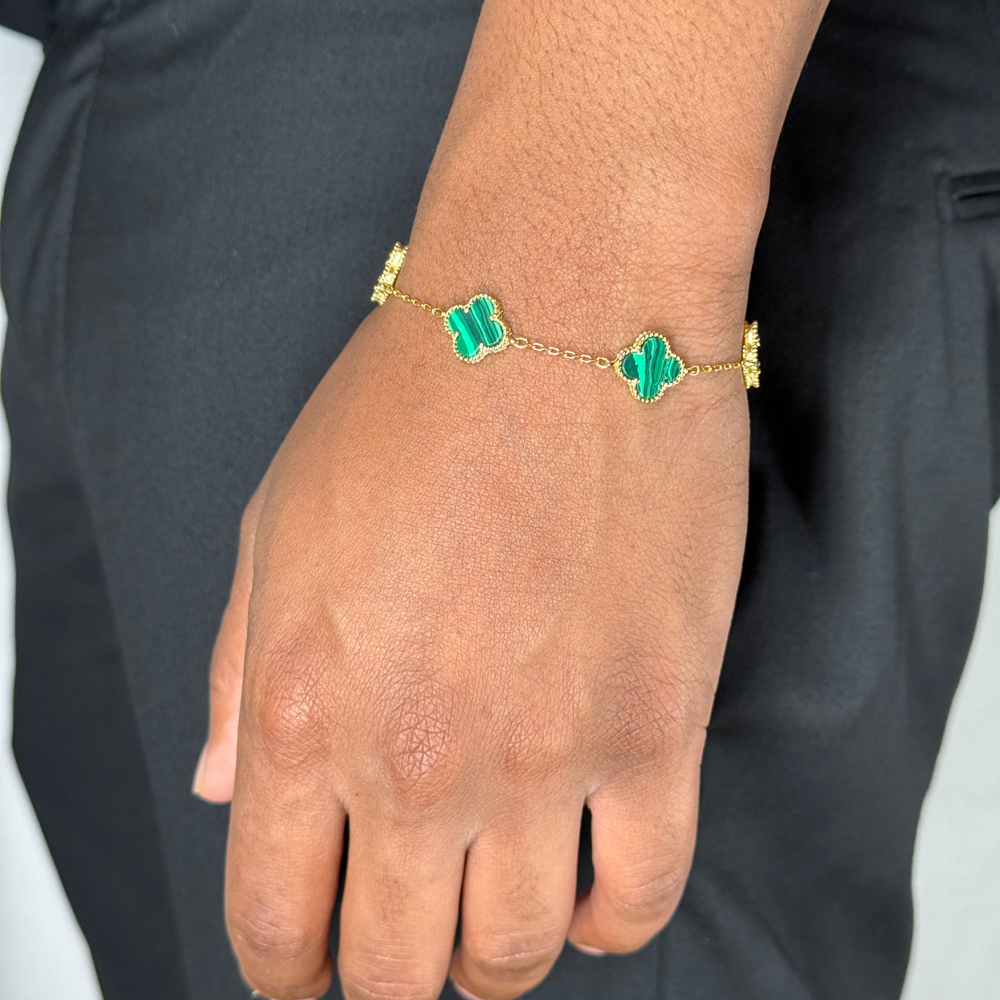 Clover Malachite Silver Bracelet Yellow Gold Plated